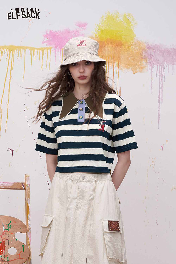 ELFSACK Striped Contrast Collar Cropped Polo
