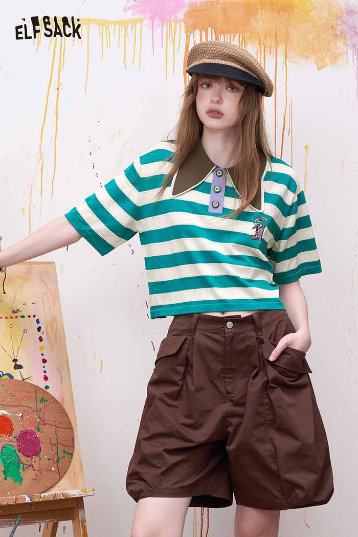 ELFSACK Striped Contrast Collar Cropped Polo