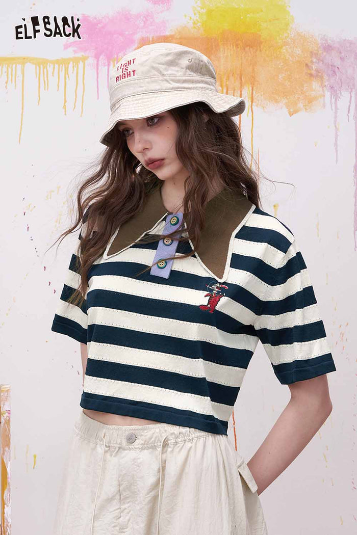 ELFSACK Striped Contrast Collar Cropped Polo