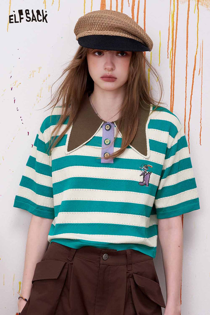ELFSACK Striped Contrast Collar Cropped Polo