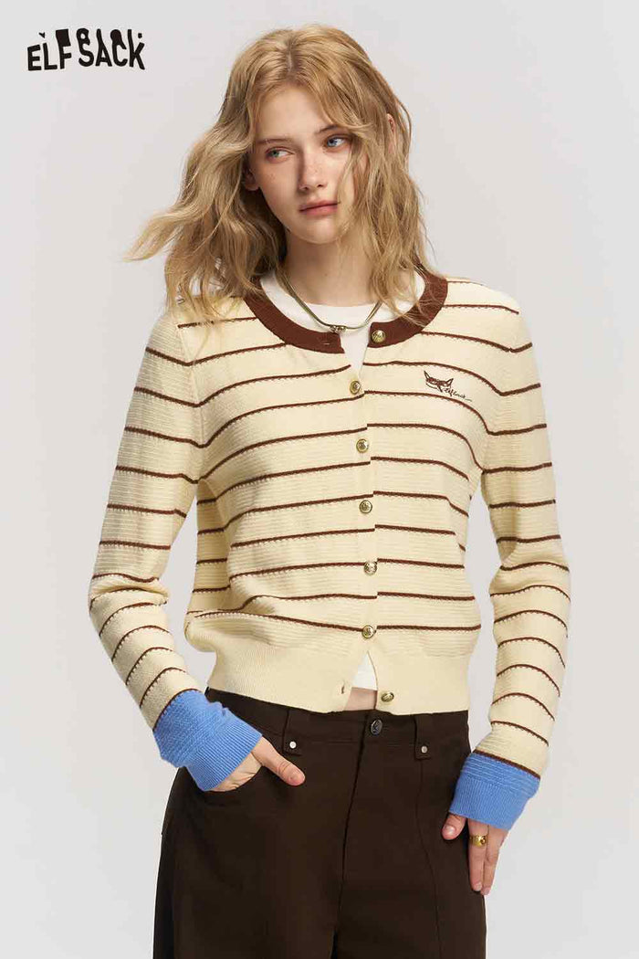 Striped Contrast Trim Long Sleeve Knit Cardigan
