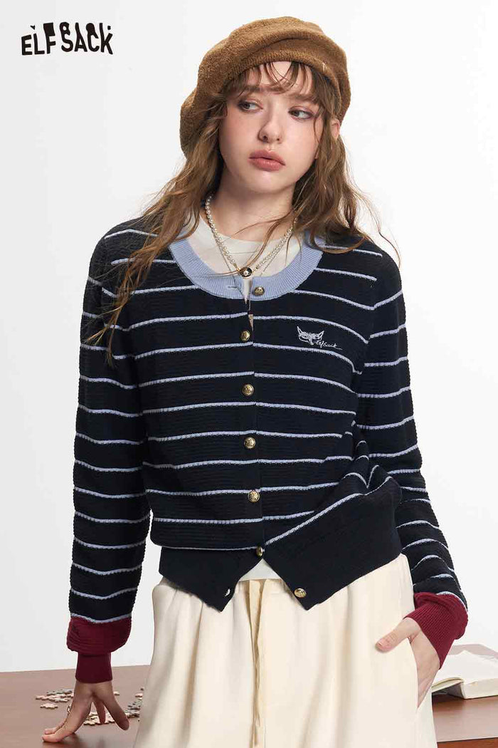 Striped Contrast Trim Long Sleeve Knit Cardigan