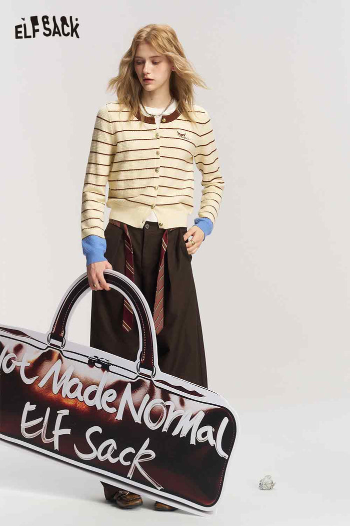 Striped Contrast Trim Long Sleeve Knit Cardigan