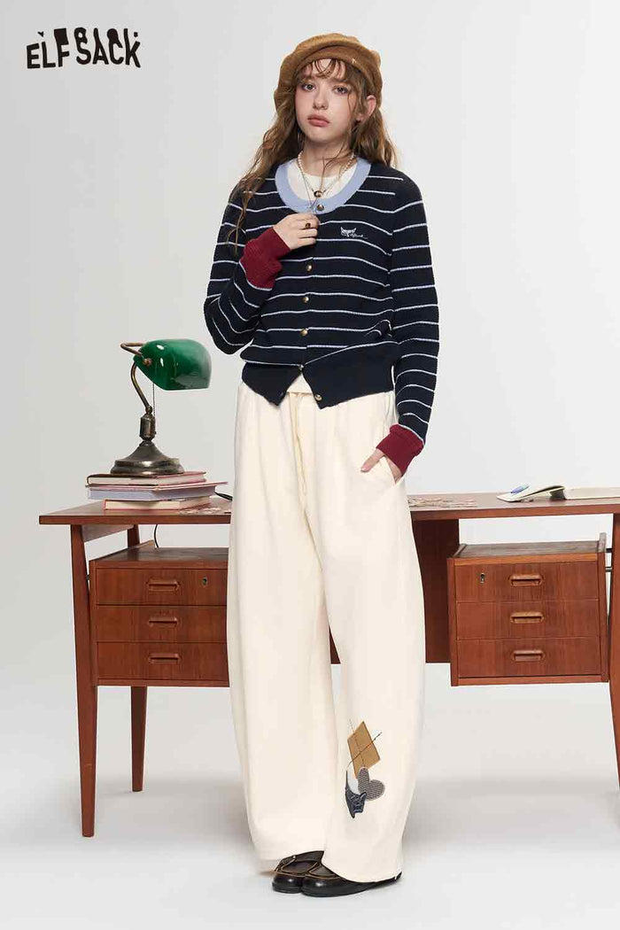 Striped Contrast Trim Long Sleeve Knit Cardigan