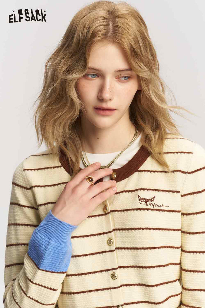 Striped Contrast Trim Long Sleeve Knit Cardigan