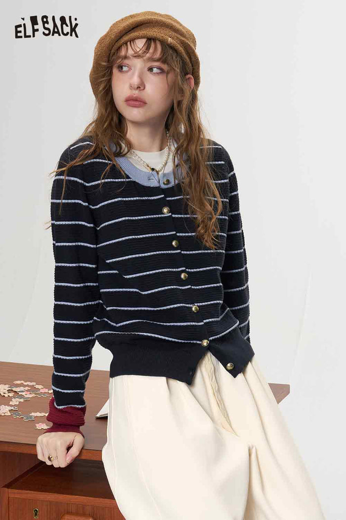 Striped Contrast Trim Long Sleeve Knit Cardigan