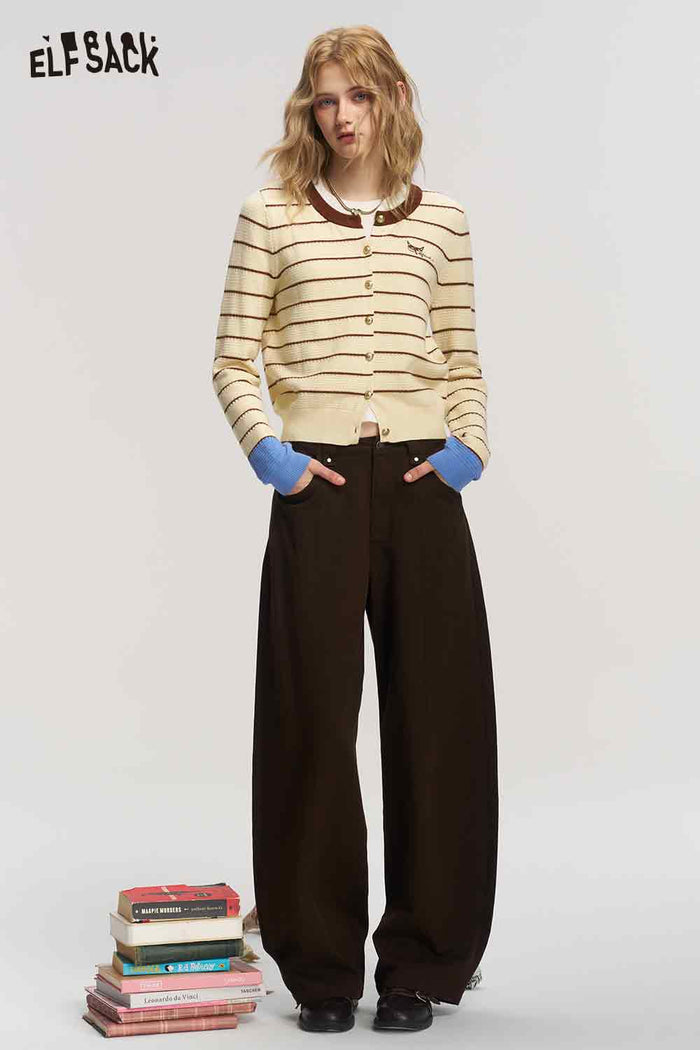 Striped Contrast Trim Long Sleeve Knit Cardigan