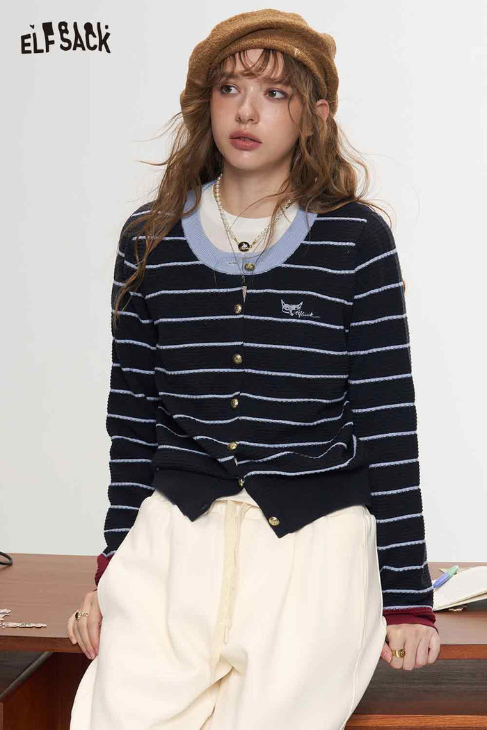 Striped Contrast Trim Long Sleeve Knit Cardigan