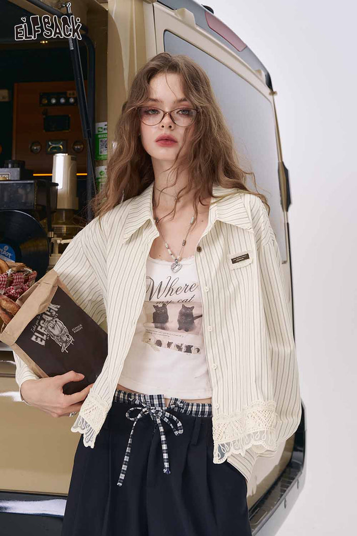 Striped Crop Lapel Collar Blouse