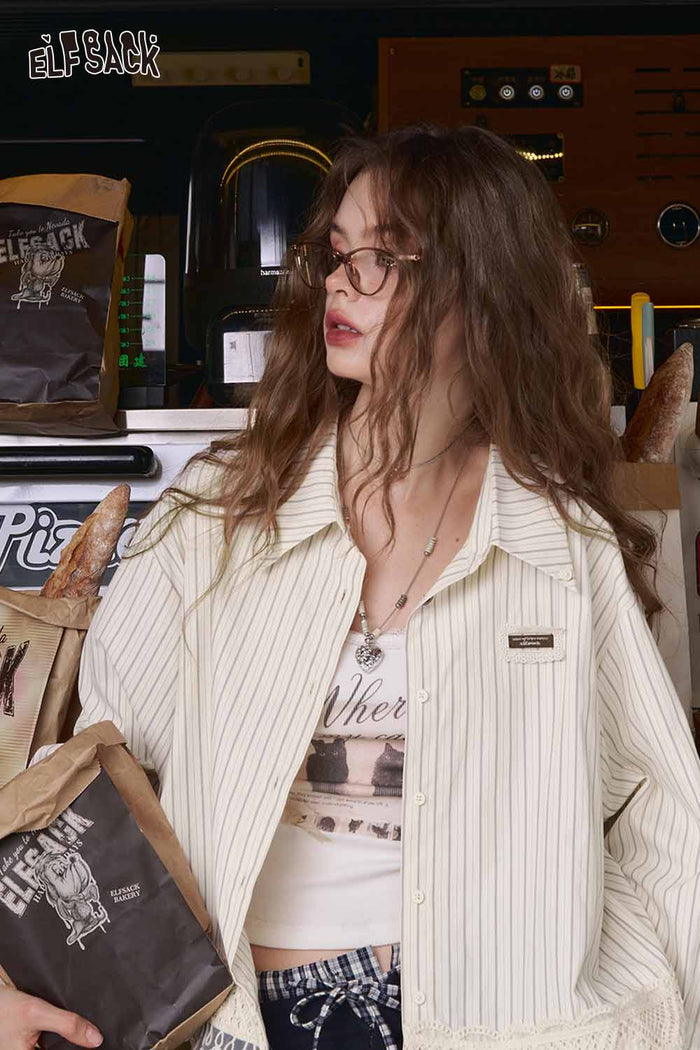 Striped Crop Lapel Collar Blouse