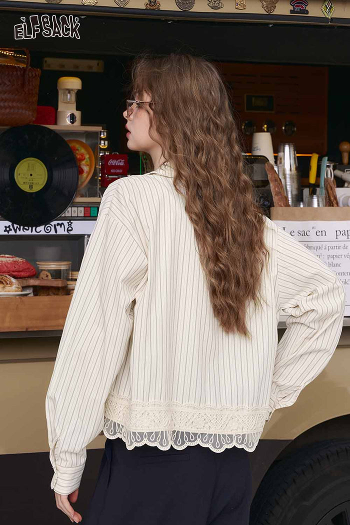 Striped Crop Lapel Collar Blouse