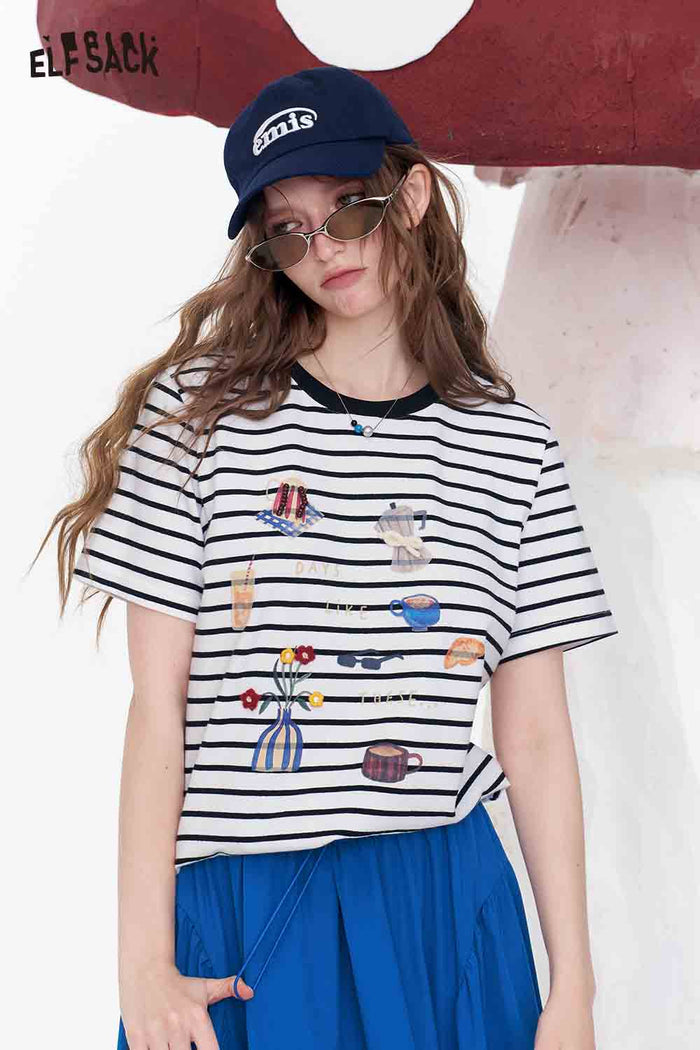ELFSACK Striped Embroidered Coffee Bread T-Shirt