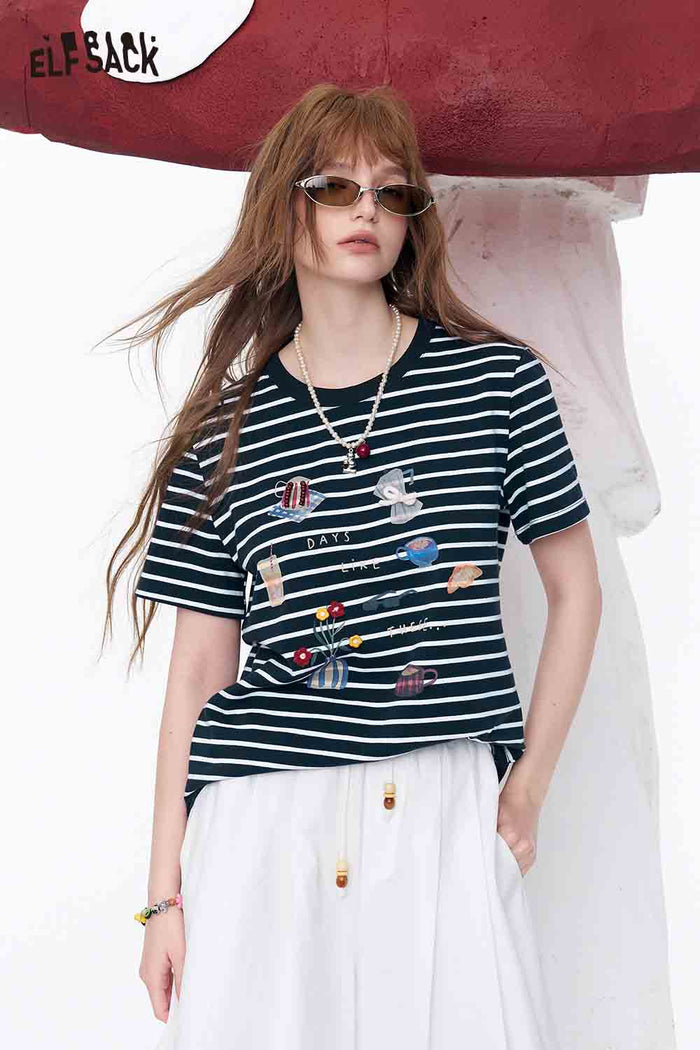 ELFSACK Striped Embroidered Coffee Bread T-Shirt