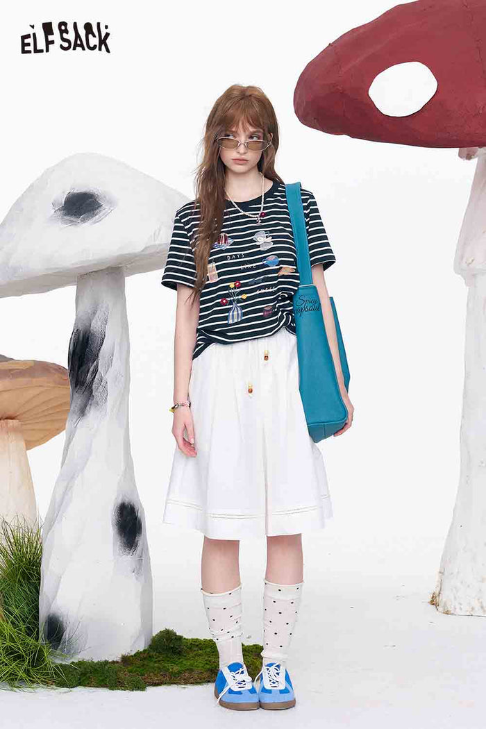 ELFSACK Striped Embroidered Coffee Bread T-Shirt