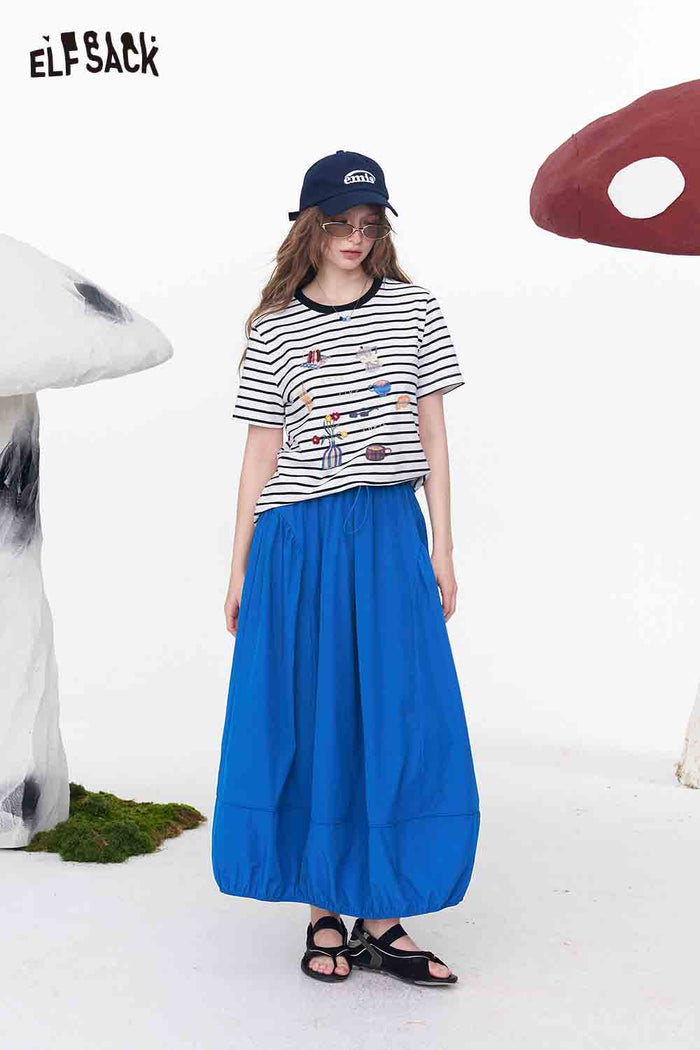 ELFSACK Striped Embroidered Coffee Bread T-Shirt
