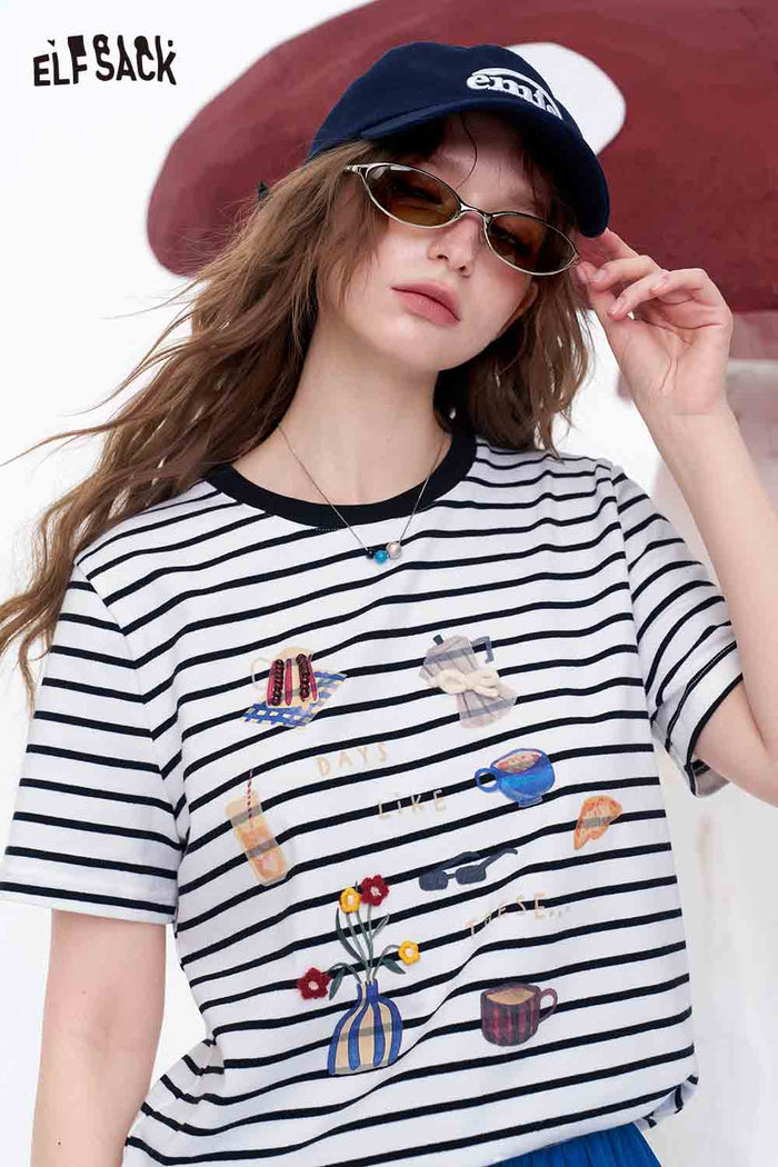 ELFSACK Striped Embroidered Coffee Bread T-Shirt