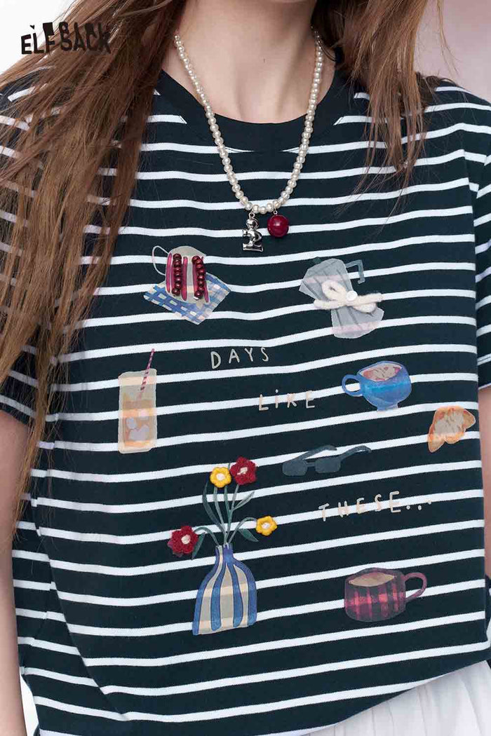 ELFSACK Striped Embroidered Coffee Bread T-Shirt