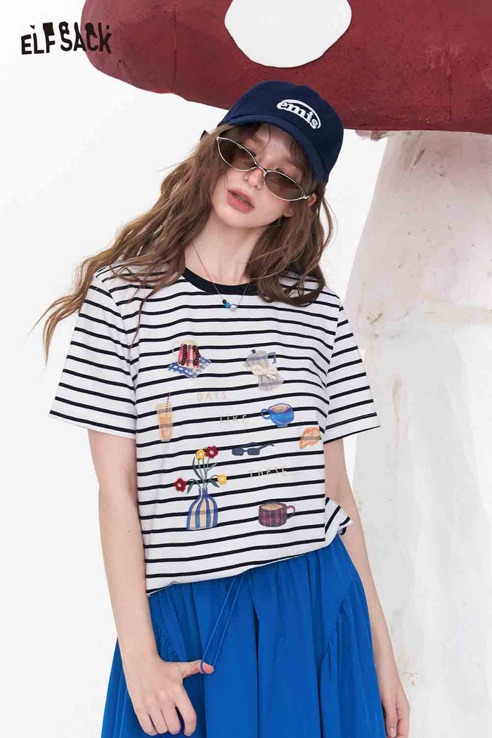 ELFSACK Striped Embroidered Coffee Bread T-Shirt