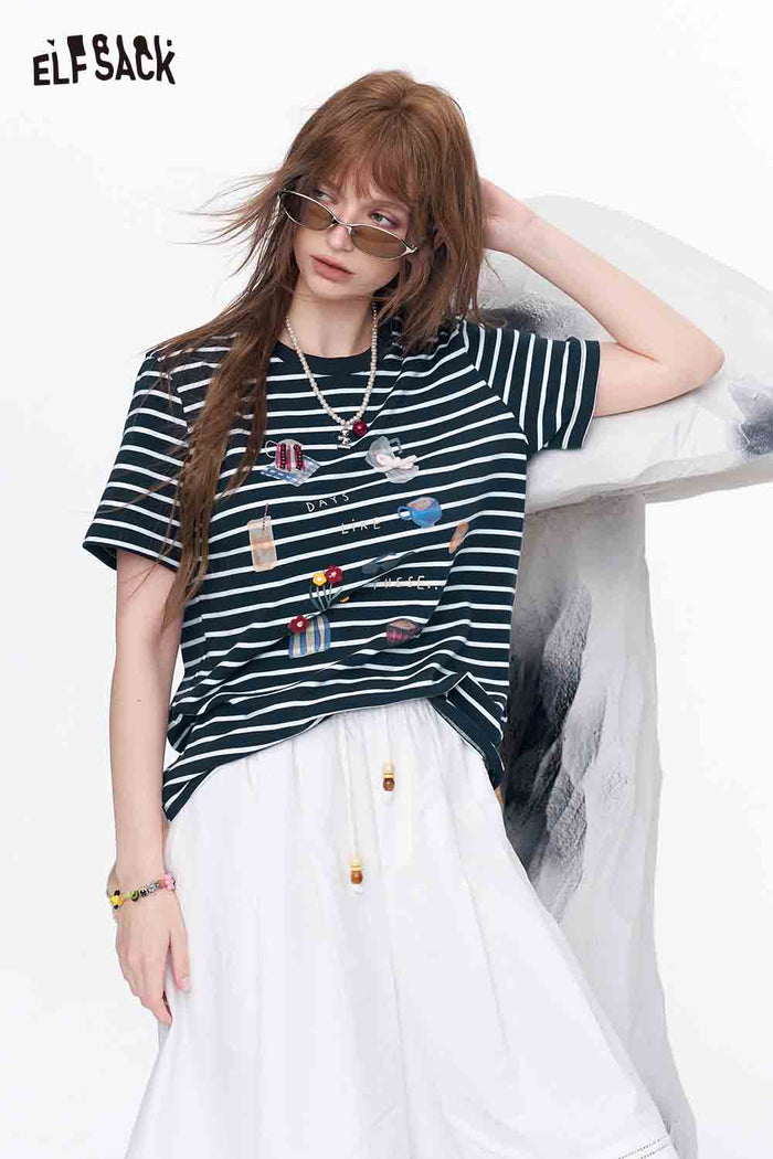 ELFSACK Striped Embroidered Coffee Bread T-Shirt