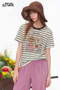 ELFSACK Striped Floral Print Contrast Trim T-Shirt