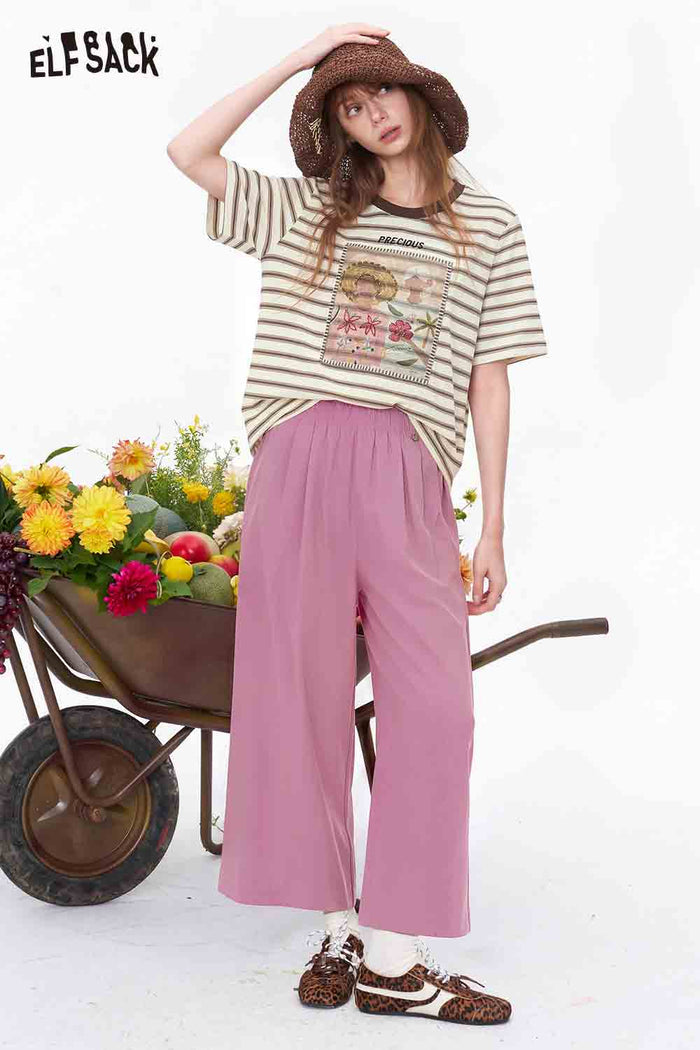 ELFSACK Striped Floral Print Contrast Trim T-Shirt