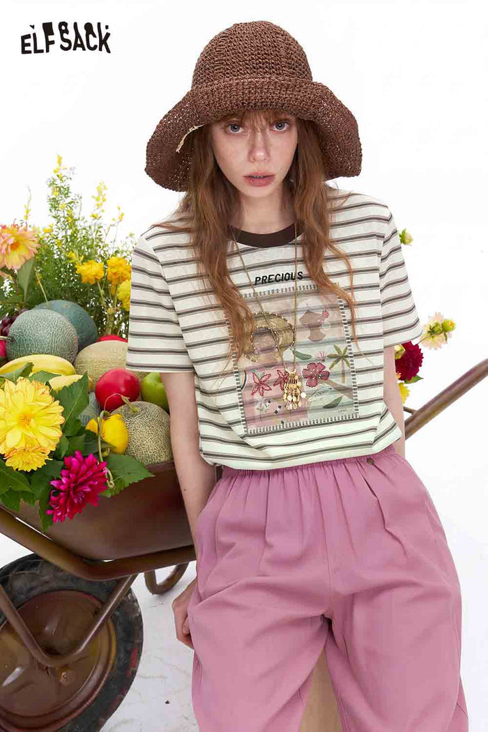 ELFSACK Striped Floral Print Contrast Trim T-Shirt