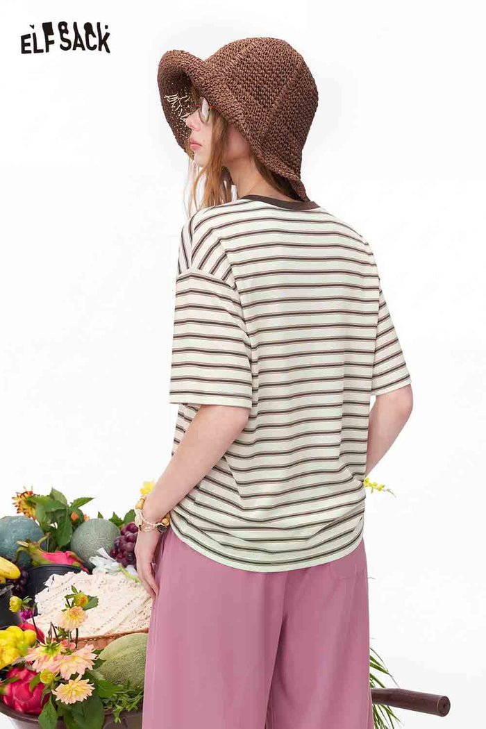 ELFSACK Striped Floral Print Contrast Trim T-Shirt