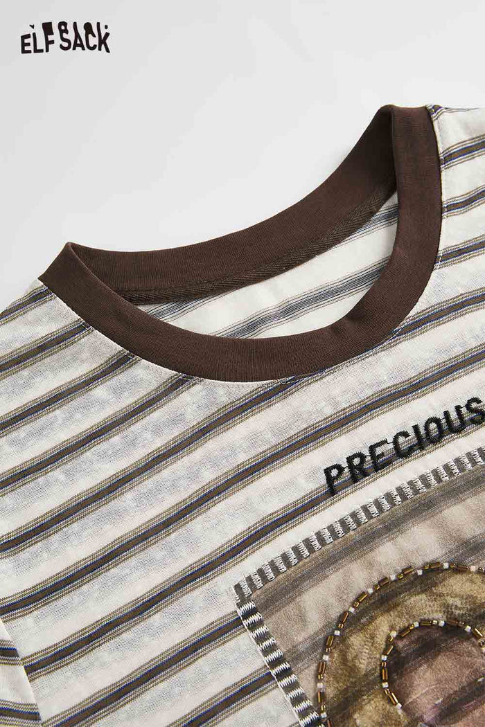 ELFSACK Striped Floral Print Contrast Trim T-Shirt