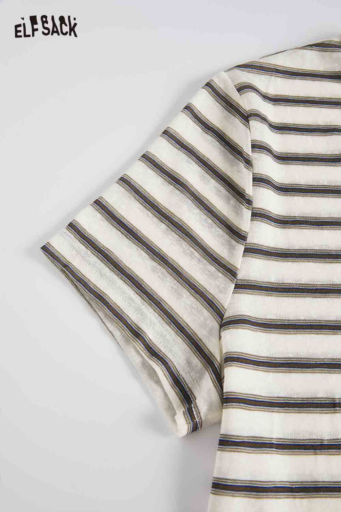 ELFSACK Striped Floral Print Contrast Trim T-Shirt