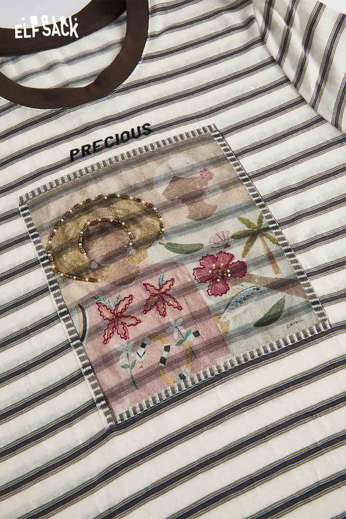 ELFSACK Striped Floral Print Contrast Trim T-Shirt