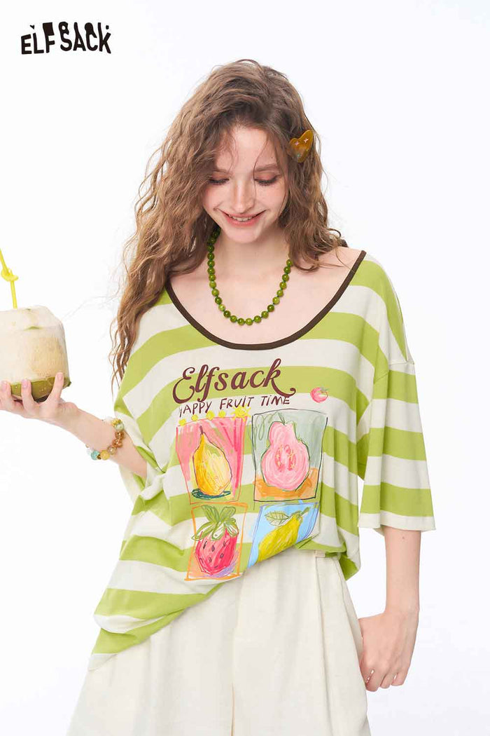 ELFSACK Striped Fruit Print Oversized Tee