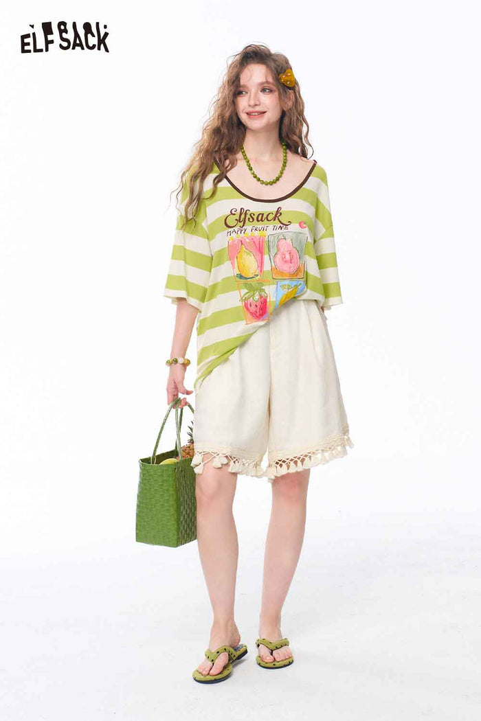 ELFSACK Striped Fruit Print Oversized Tee