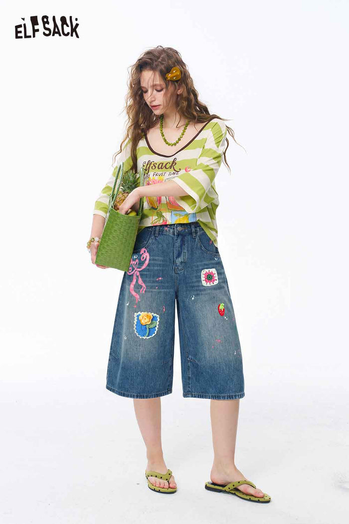 ELFSACK Striped Fruit Print Oversized Tee