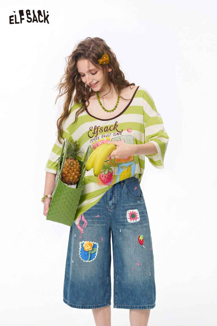 ELFSACK Striped Fruit Print Oversized Tee