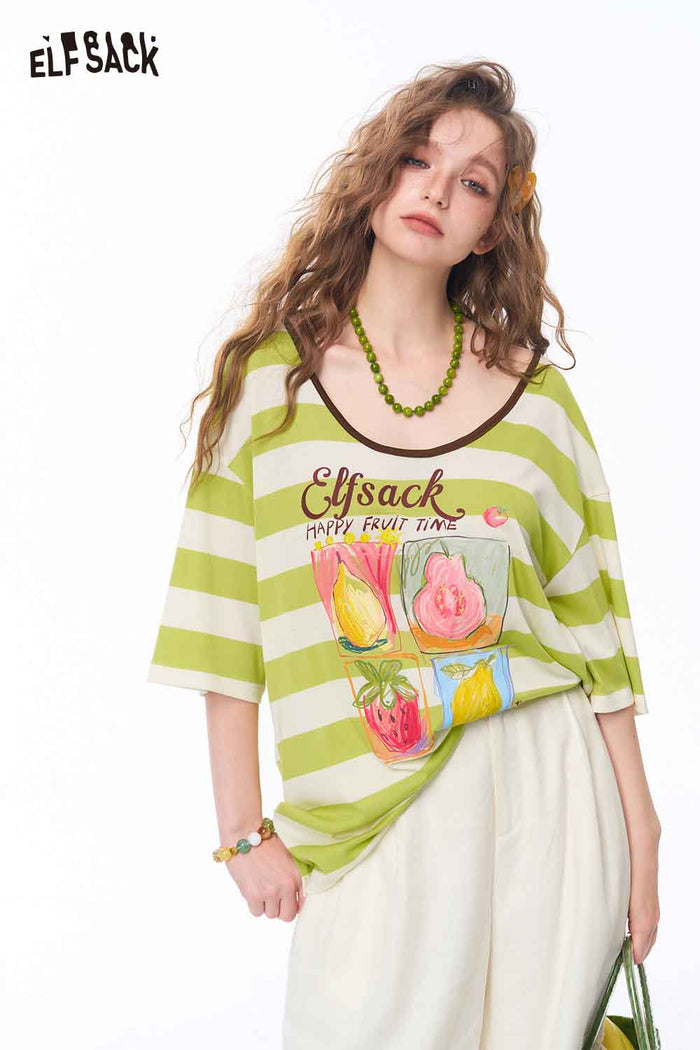 ELFSACK Striped Fruit Print Oversized Tee