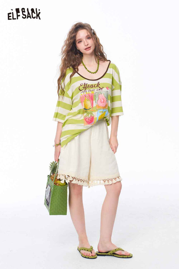ELFSACK Striped Fruit Print Oversized Tee