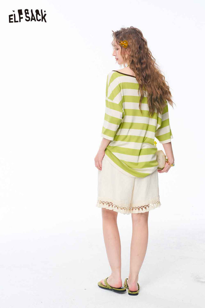 ELFSACK Striped Fruit Print Oversized Tee