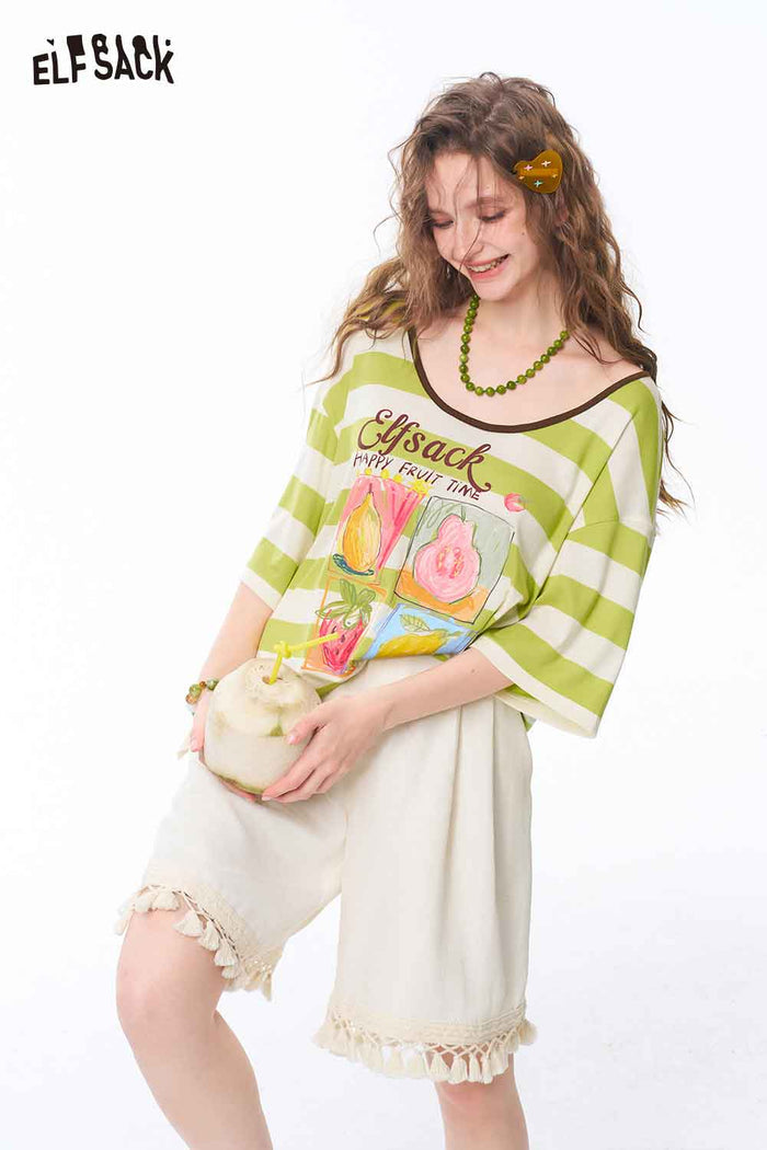 ELFSACK Striped Fruit Print Oversized Tee