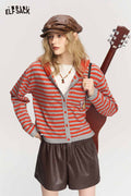 Striped Hooded Cardigan with Heart Patch Pocket