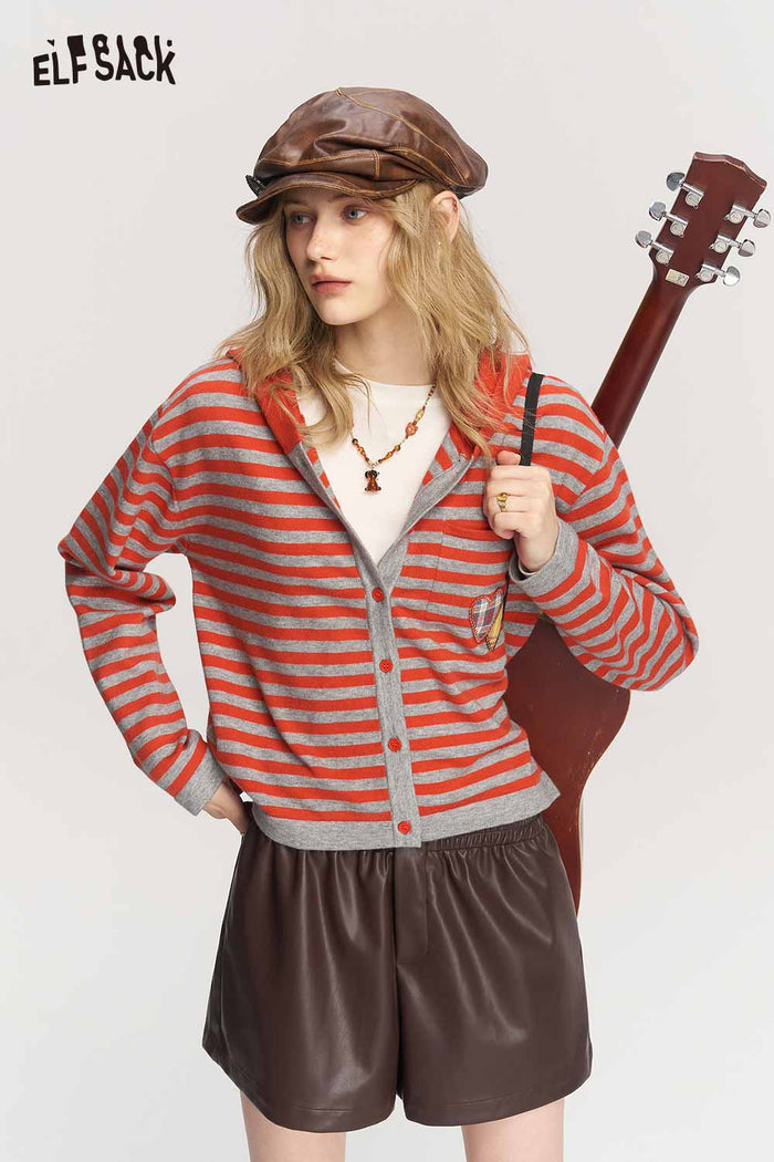 Striped Hooded Cardigan with Heart Patch Pocket