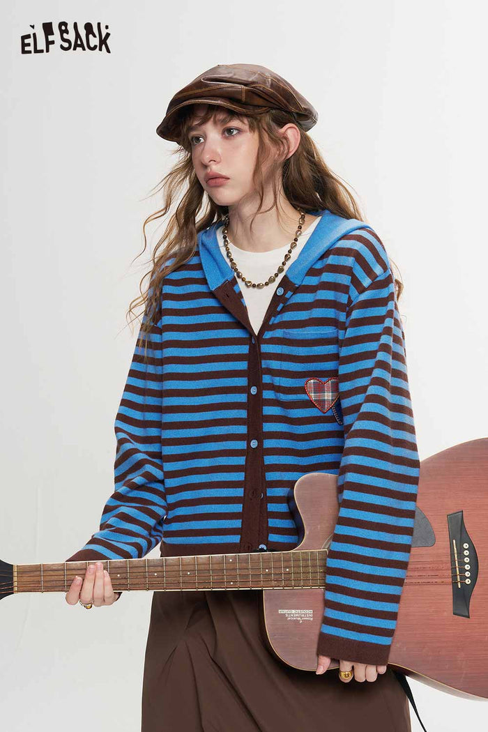 Striped Hooded Cardigan with Heart Patch Pocket
