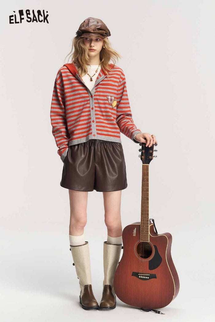 Striped Hooded Cardigan with Heart Patch Pocket