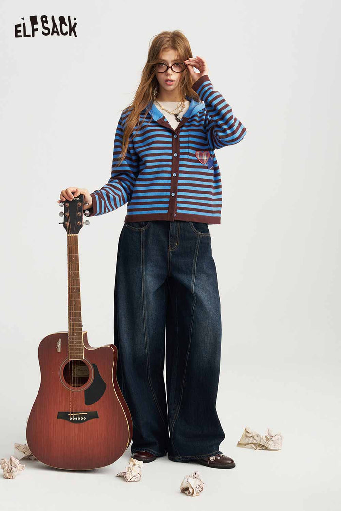 Striped Hooded Cardigan with Heart Patch Pocket