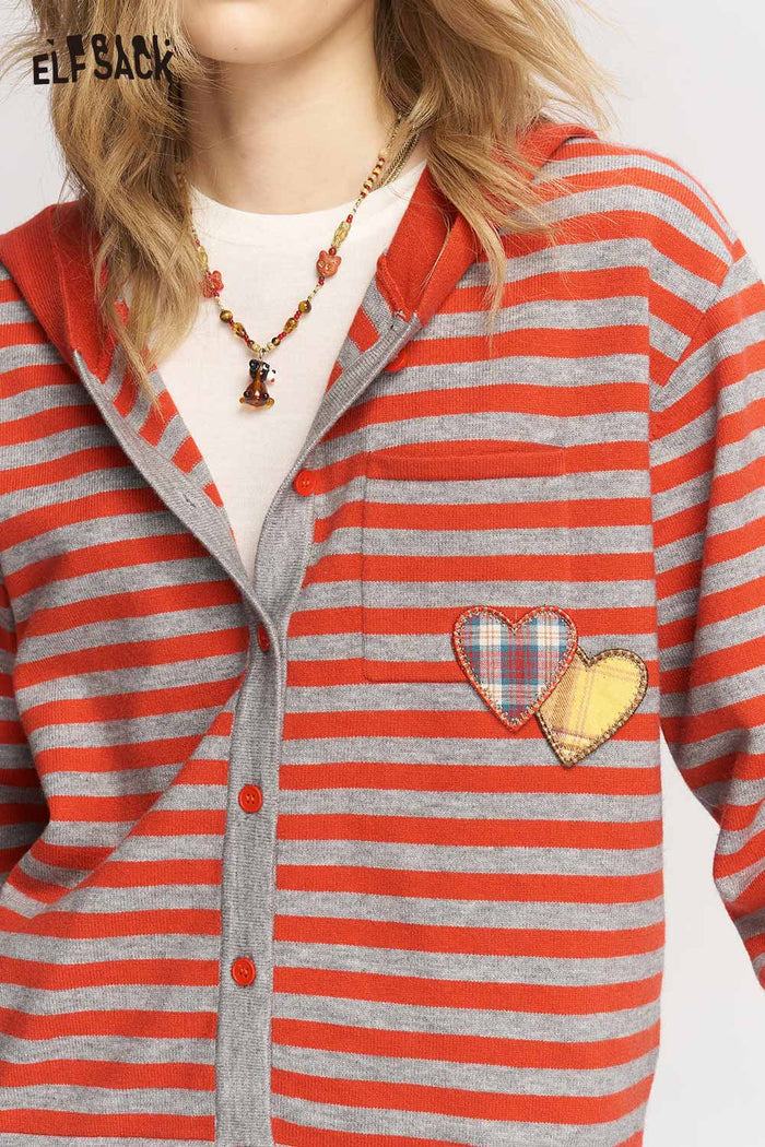 Striped Hooded Cardigan with Heart Patch Pocket