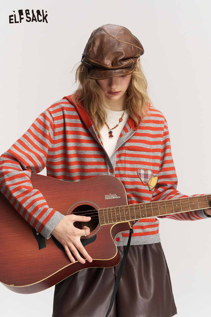 Striped Hooded Cardigan with Heart Patch Pocket