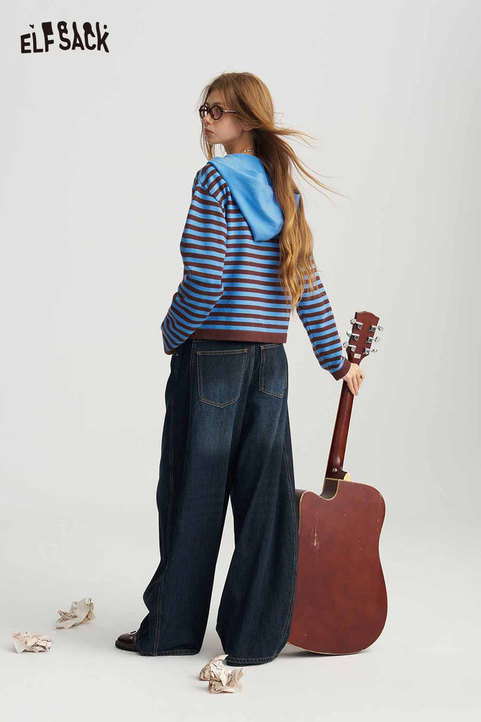 Striped Hooded Cardigan with Heart Patch Pocket