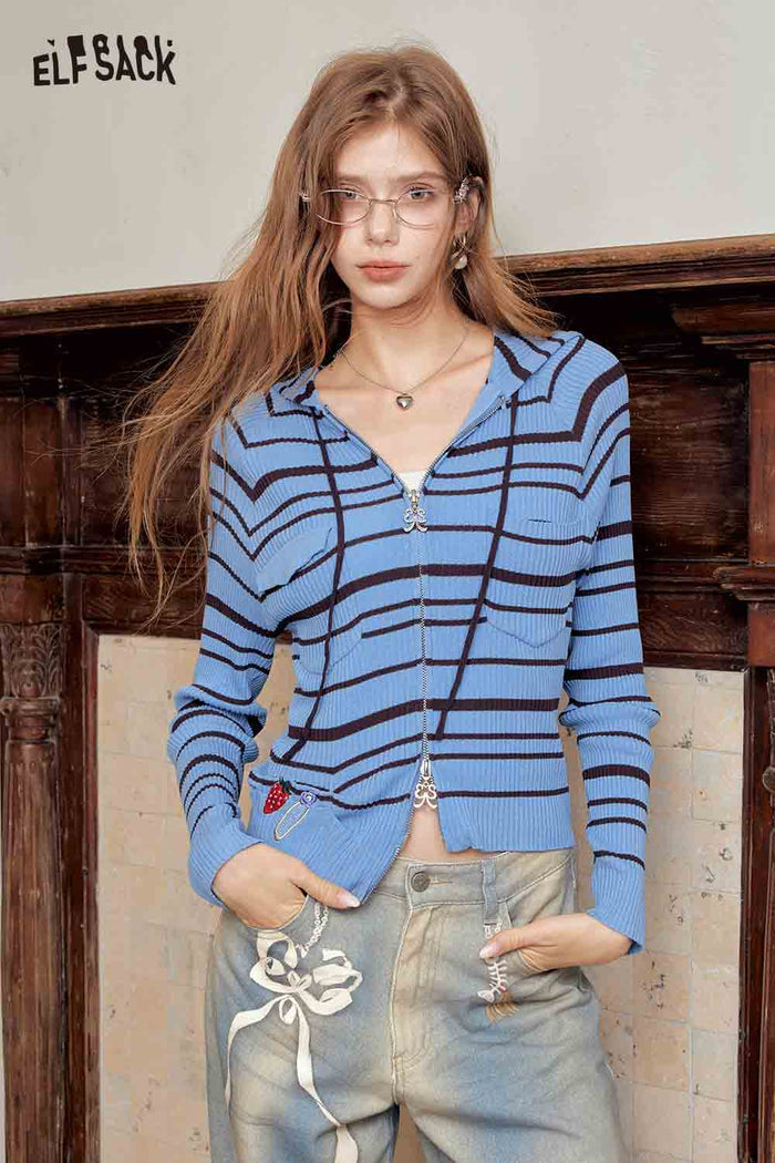 Striped Hooded Zip Up Crop Top