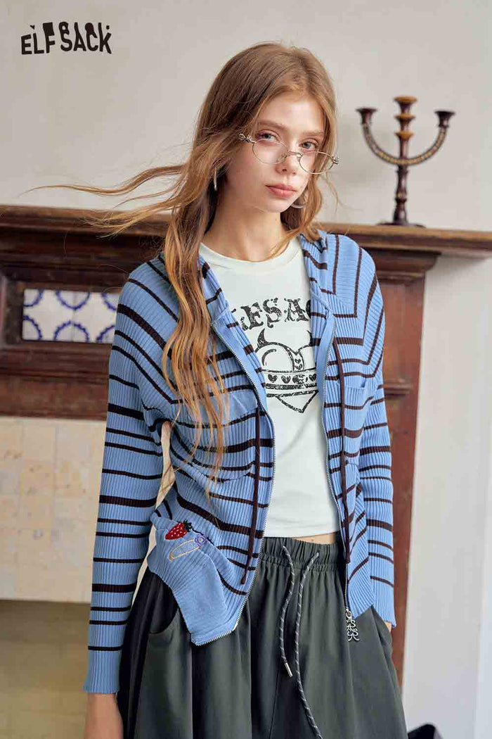 Striped Hooded Zip Up Crop Top