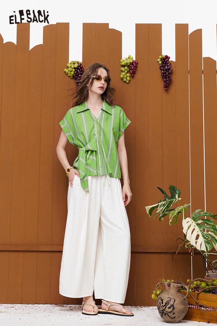 ELFSACK Striped Knot-Front Short Sleeve Cropped Shirt
