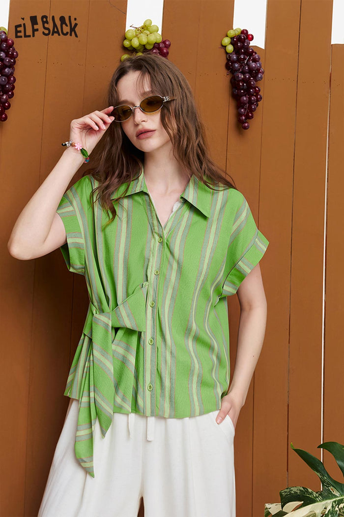 ELFSACK Striped Knot-Front Short Sleeve Cropped Shirt